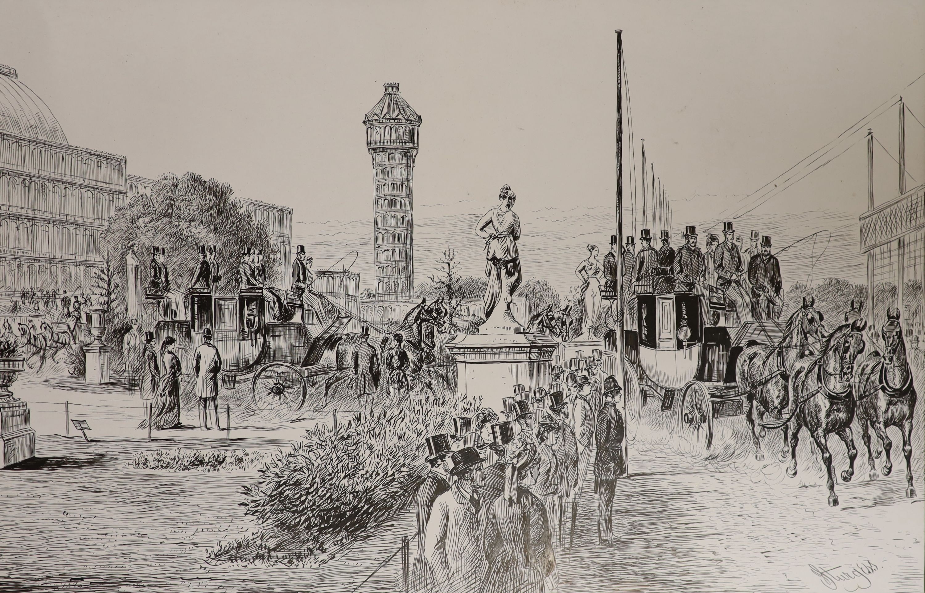 John Sturgess (1839-1903), pen and ink, Coaches at Crystal Palace, signed, 25 x 39cm, a watercolour steeplechasing scene and a torn ink study of a church, all unframed